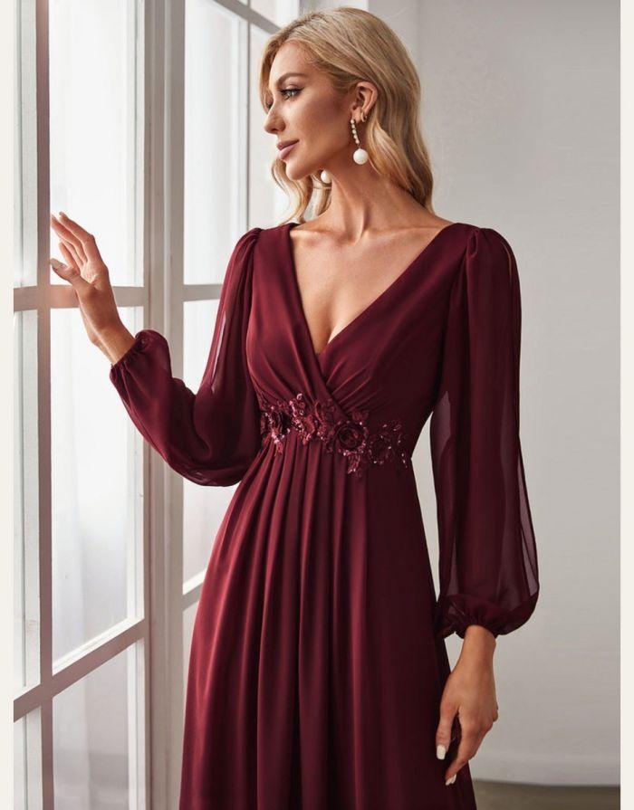 Vestido Vinho Longo com Manga Longa Bufante