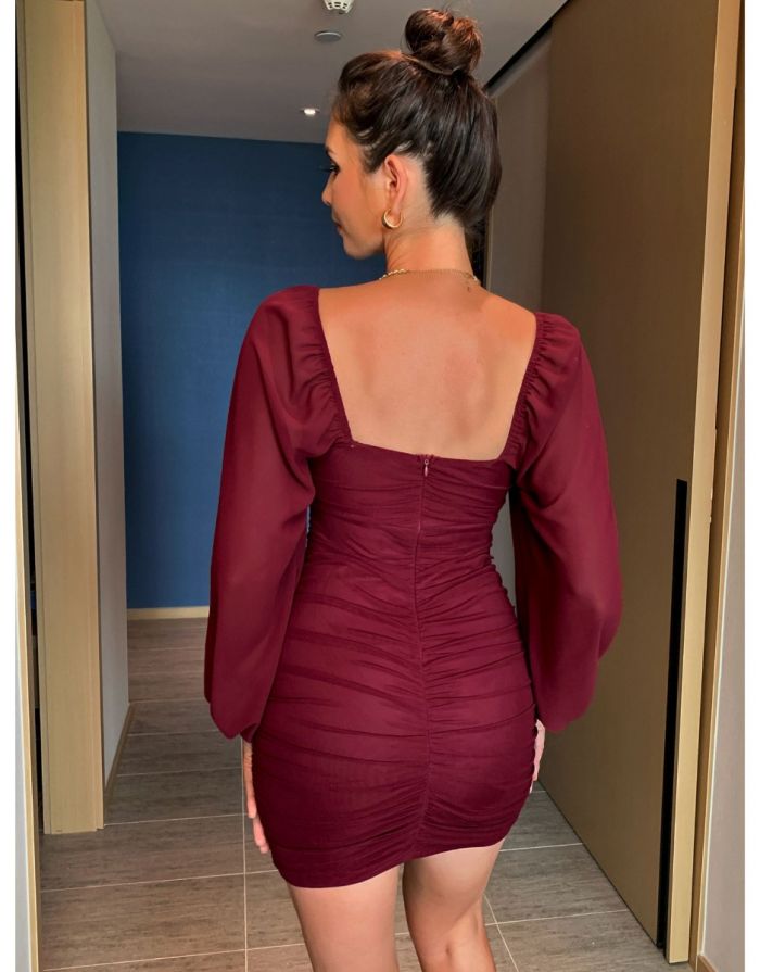 Vestido Vinho Manga Lanterna Anelise