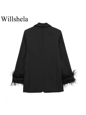 Blazer Preto Manga com Plumas