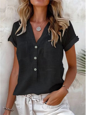 Camisa Manga Curta Casual com Decote em V