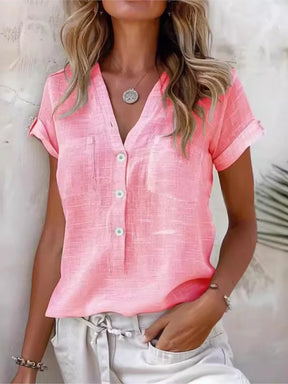 Camisa Manga Curta Casual com Decote em V