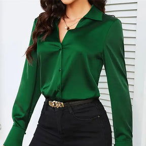 Camisa Verde de Cetim Elegante Feminina