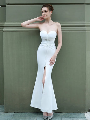 Yidingzs strapless champanhe macio cetim sexy fenda longo vestido de noite feminino elegante plissado botão festa de formatura vestido 18210