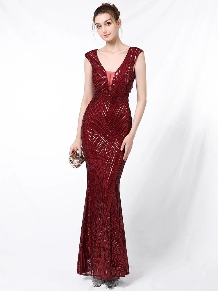 Yidingzs sexy com decote em v sem costas branco lantejoulas vestido de noite 2022 novas mulheres miçangas festa maxi vestido longo vestido de baile 18137