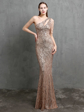 YIDINGZS-vestido feminino de lantejoulas com um ombro, elegante maxi vestido de festa, bordô longo, 2022, 18519