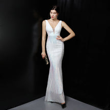 YIDINGZS-Vestido de noite longo com decote em V feminino, lantejoula dourada preta sexy, vestido maxi de festa sem mangas, novo