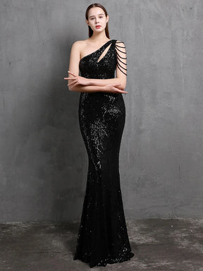 YIDINGZS-vestido feminino de lantejoulas com um ombro, elegante maxi vestido de festa, bordô longo, 2022, 18519