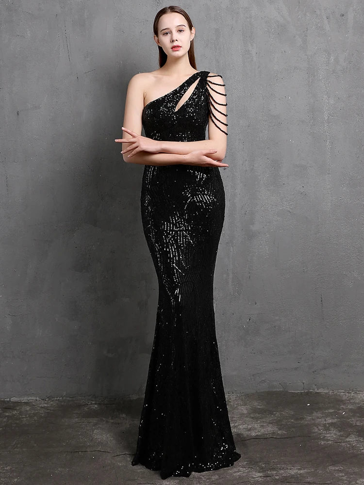 YIDINGZS-vestido feminino de lantejoulas com um ombro, elegante maxi vestido de festa, bordô longo, 2022, 18519