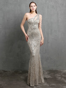 YIDINGZS-vestido feminino de lantejoulas com um ombro, elegante maxi vestido de festa, bordô longo, 2022, 18519