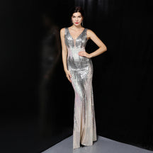 YIDINGZS-Vestido de noite longo com decote em V feminino, lantejoula dourada preta sexy, vestido maxi de festa sem mangas, novo
