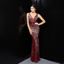 YIDINGZS-Vestido de noite longo com decote em V feminino, lantejoula dourada preta sexy, vestido maxi de festa sem mangas, novo