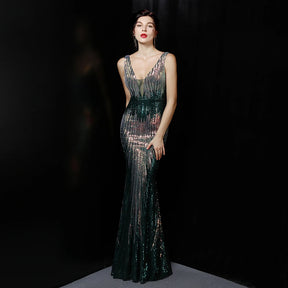 YIDINGZS-Vestido de noite longo com decote em V feminino, lantejoula dourada preta sexy, vestido maxi de festa sem mangas, novo