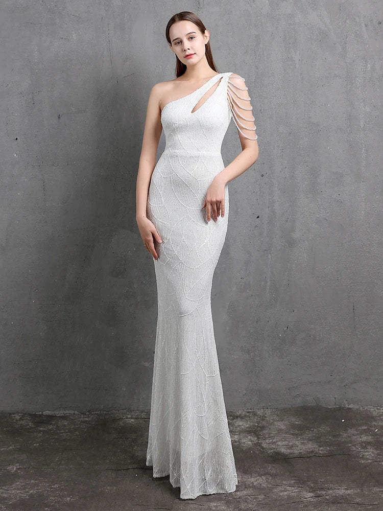 YIDINGZS-vestido feminino de lantejoulas com um ombro, elegante maxi vestido de festa, bordô longo, 2022, 18519