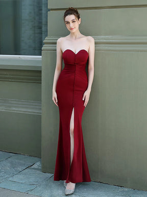Yidingzs strapless champanhe macio cetim sexy fenda longo vestido de noite feminino elegante plissado botão festa de formatura vestido 18210