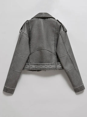 Jaqueta Cinza de Couro Curta Feminina Cinto Retro Biker