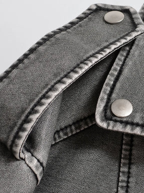 Jaqueta Cinza de Couro Curta Feminina Cinto Retro Biker