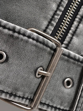 Jaqueta Cinza de Couro Curta Feminina Cinto Retro Biker