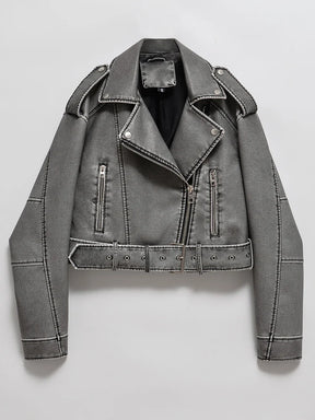 Jaqueta Cinza de Couro Curta Feminina Cinto Retro Biker