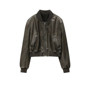 Jaqueta Preta Bomber Feminina Vintage de Couro