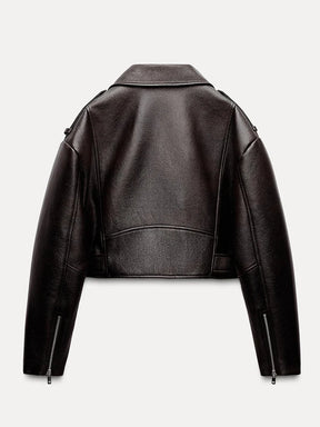 Jaqueta Preta de Couro Feminina Retro Curto Faux Leather