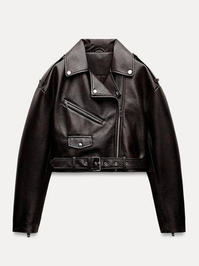 Jaqueta Preta de Couro Feminina Retro Curto Faux Leather