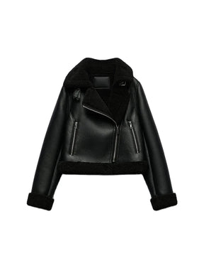 Jaqueta Preta de Couro Feminina Zipper Retro Cropped