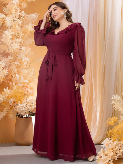 Mgiacy Plus-size V-neck ruffled long sleeve chiffon full skirt Evening ball dress Party dress