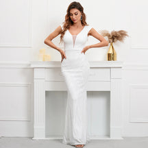 Yidingzs sexy com decote em v sem costas branco lantejoulas vestido de noite 2022 novas mulheres miçangas festa maxi vestido longo vestido de baile 18137