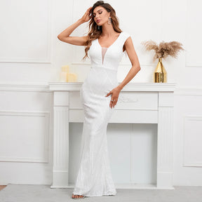 Yidingzs sexy com decote em v sem costas branco lantejoulas vestido de noite 2022 novas mulheres miçangas festa maxi vestido longo vestido de baile 18137