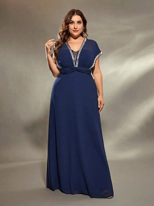 Mgiacy plus size com decote em v prata lantejoulas rendas bat-mangas cintura torção um balanço vestido longo vestido de noite vestido de baile vestido de festa