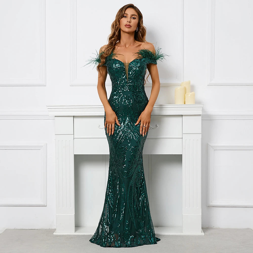 YIDINGZS-vestido feminino fora do ombro com lantejoulas, vestido longo de baile, vestido maxi de festa sexy, verde