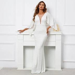 Yidingzs feminino vestido de lantejoulas branco longo vestido de baile com decote em v vestido de noite elegante festa maxi vestido