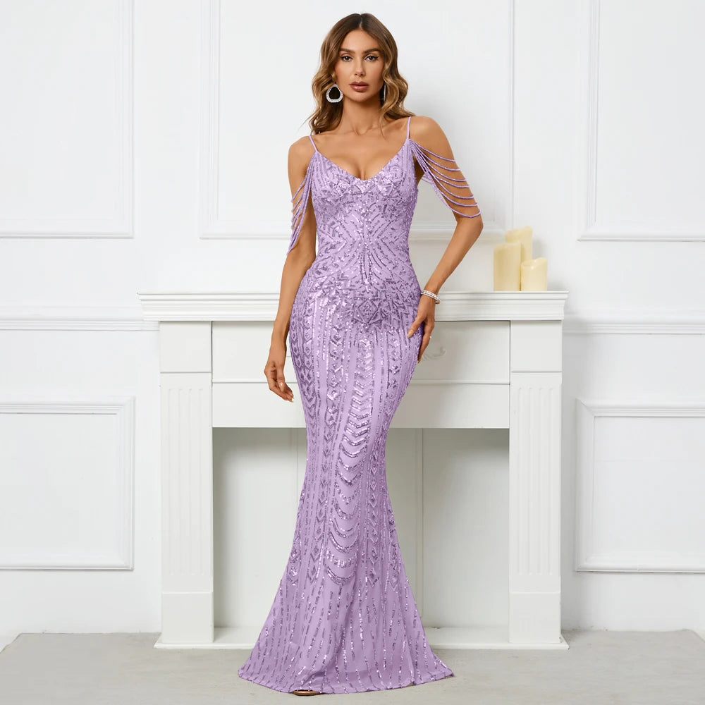 YIDINGZS-Sexy vestido feminino com decote em V, vestido longo de baile, vestido de lantejoulas, cinta, miolização, rosa, maxi, festa