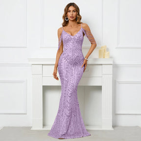 YIDINGZS-Sexy vestido feminino com decote em V, vestido longo de baile, vestido de lantejoulas, cinta, miolização, rosa, maxi, festa