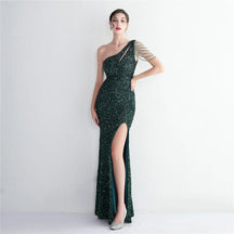 YIDINGZS-vestido feminino de lantejoulas com um ombro, elegante maxi vestido de festa, bordô longo, 2022, 18519