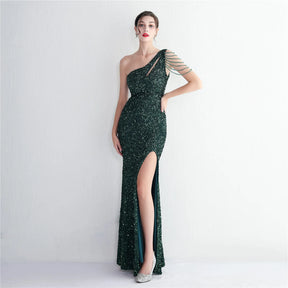 YIDINGZS-vestido feminino de lantejoulas com um ombro, elegante maxi vestido de festa, bordô longo, 2022, 18519