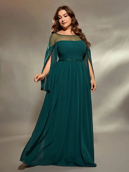 Mgiacy plus size Round neck silver punch cutout slit long puffer sleeve chiffon A full skirt Evening gown Ball dress Party dress