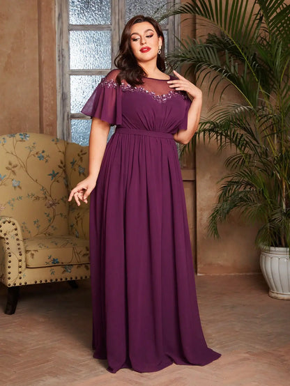 Mgiacy plus size Crewneck sexy mesh sequin applique chiffon full skirt Evening gown Ball dress Party dress Bridesmaid dress