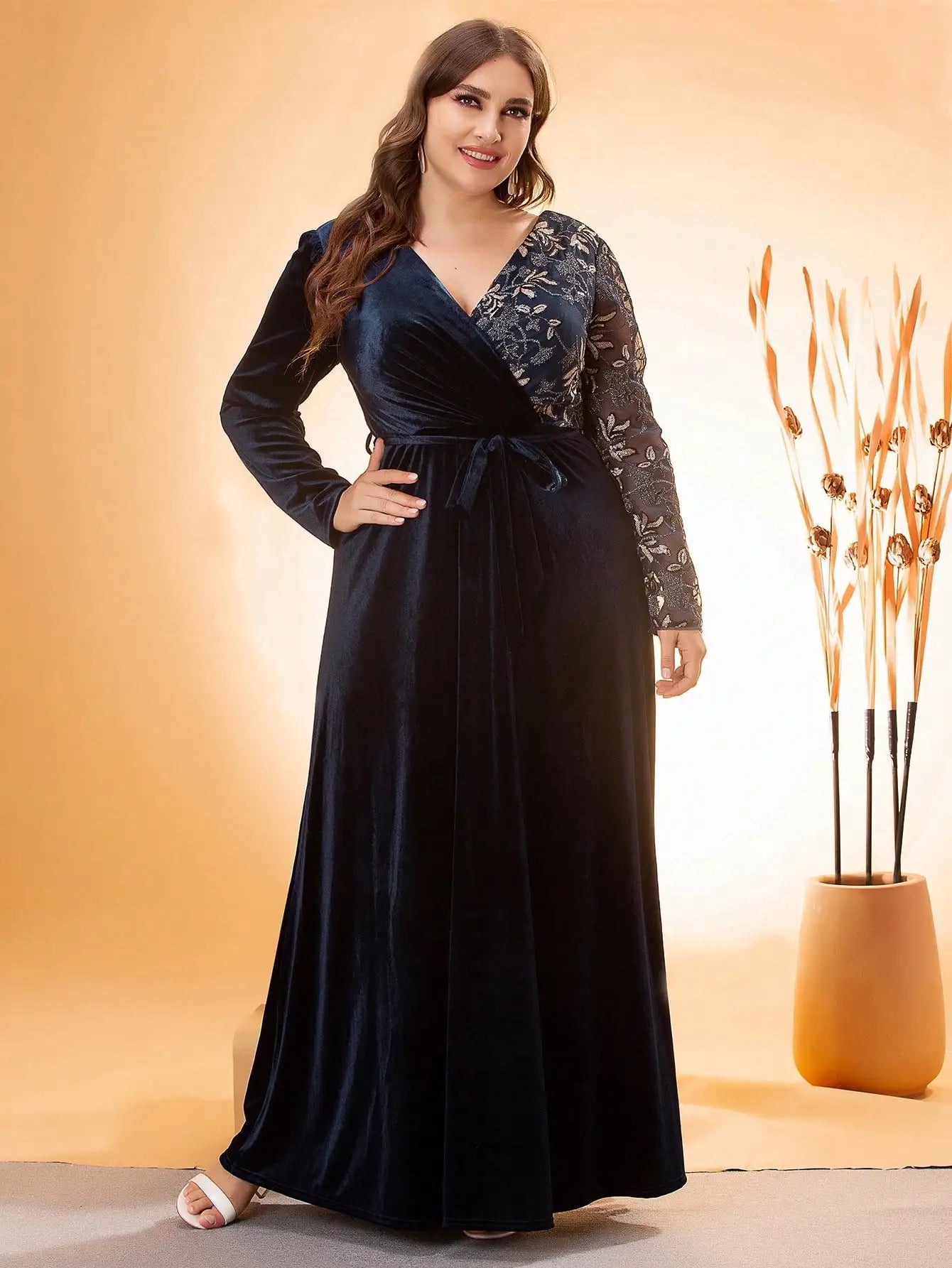 Plus size Mgiacy V-neck irregular cross sequin embroidered stitching velvet A full skirt Evening gown PROM dress Party dress