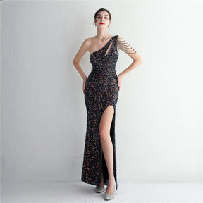 YIDINGZS-vestido feminino de lantejoulas com um ombro, elegante maxi vestido de festa, bordô longo, 2022, 18519