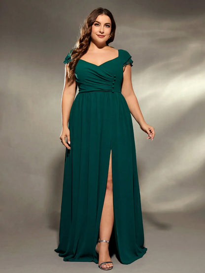 Mgiacy  plus size  V-neck irregular folding double layer lotus sleeve chiffon slit skirt Evening gown Ball dress Party dress