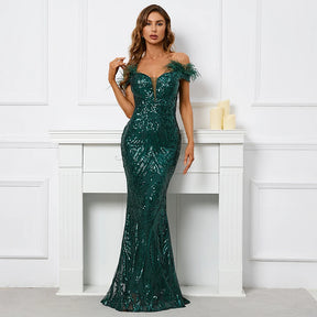 YIDINGZS-vestido feminino fora do ombro com lantejoulas, vestido longo de baile, vestido maxi de festa sexy, verde
