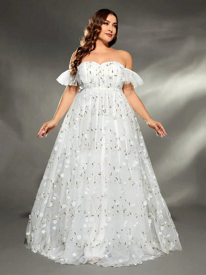 Mgiacy plus size linha colarinho tridimensional bordado retração malha grande balanço vestido de casamento vestido de noite vestido de baile