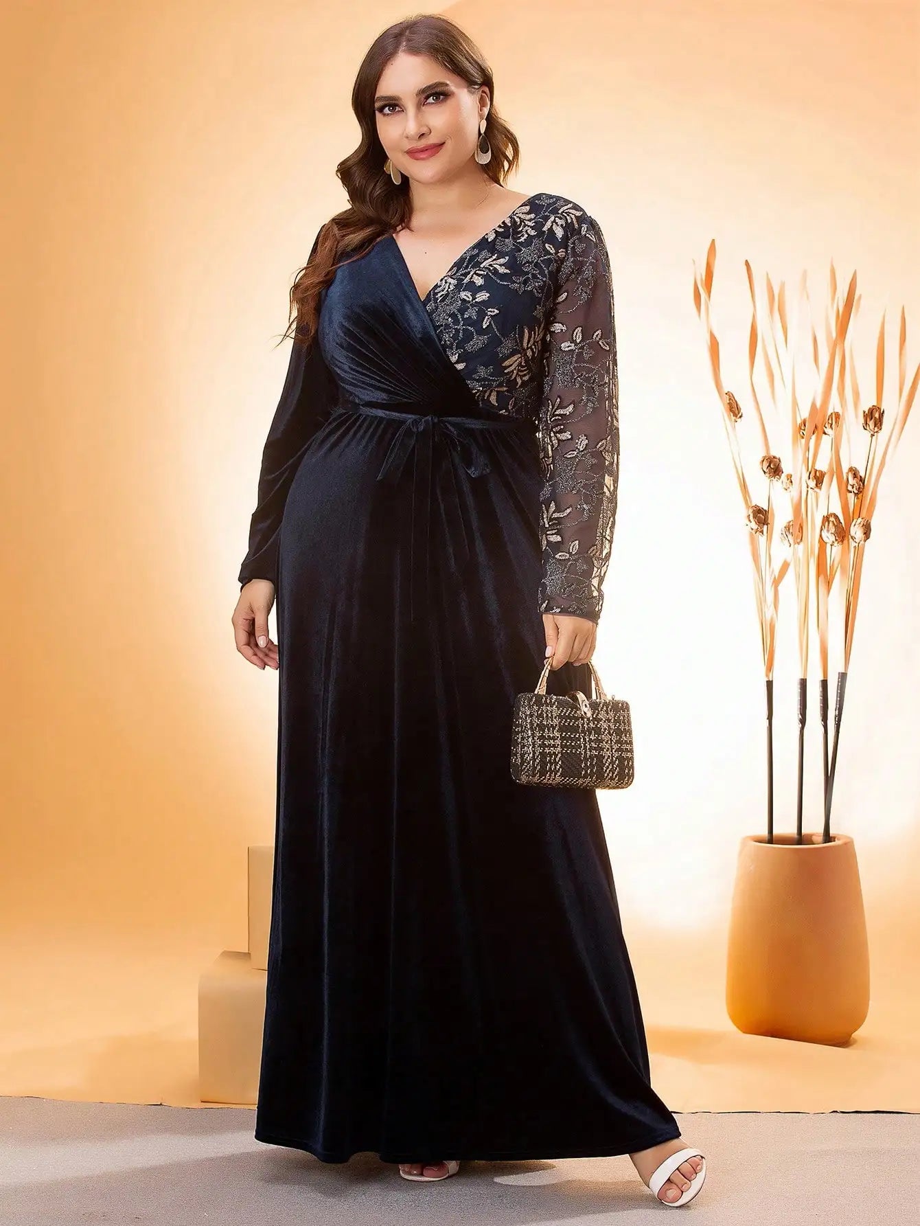 Plus size Mgiacy V-neck irregular cross sequin embroidered stitching velvet A full skirt Evening gown PROM dress Party dress