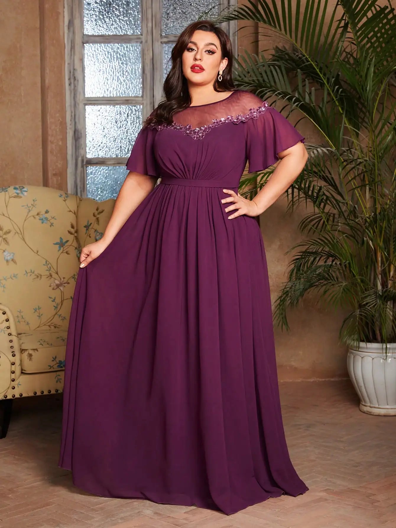 Mgiacy plus size Crewneck sexy mesh sequin applique chiffon full skirt Evening gown Ball dress Party dress Bridesmaid dress