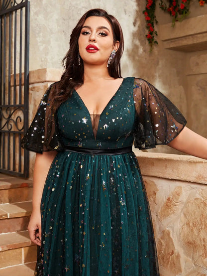 Mgiacy plus size V-neck sequin embroidered contrasting double mesh full skirt Evening gown Ball dress Party dress