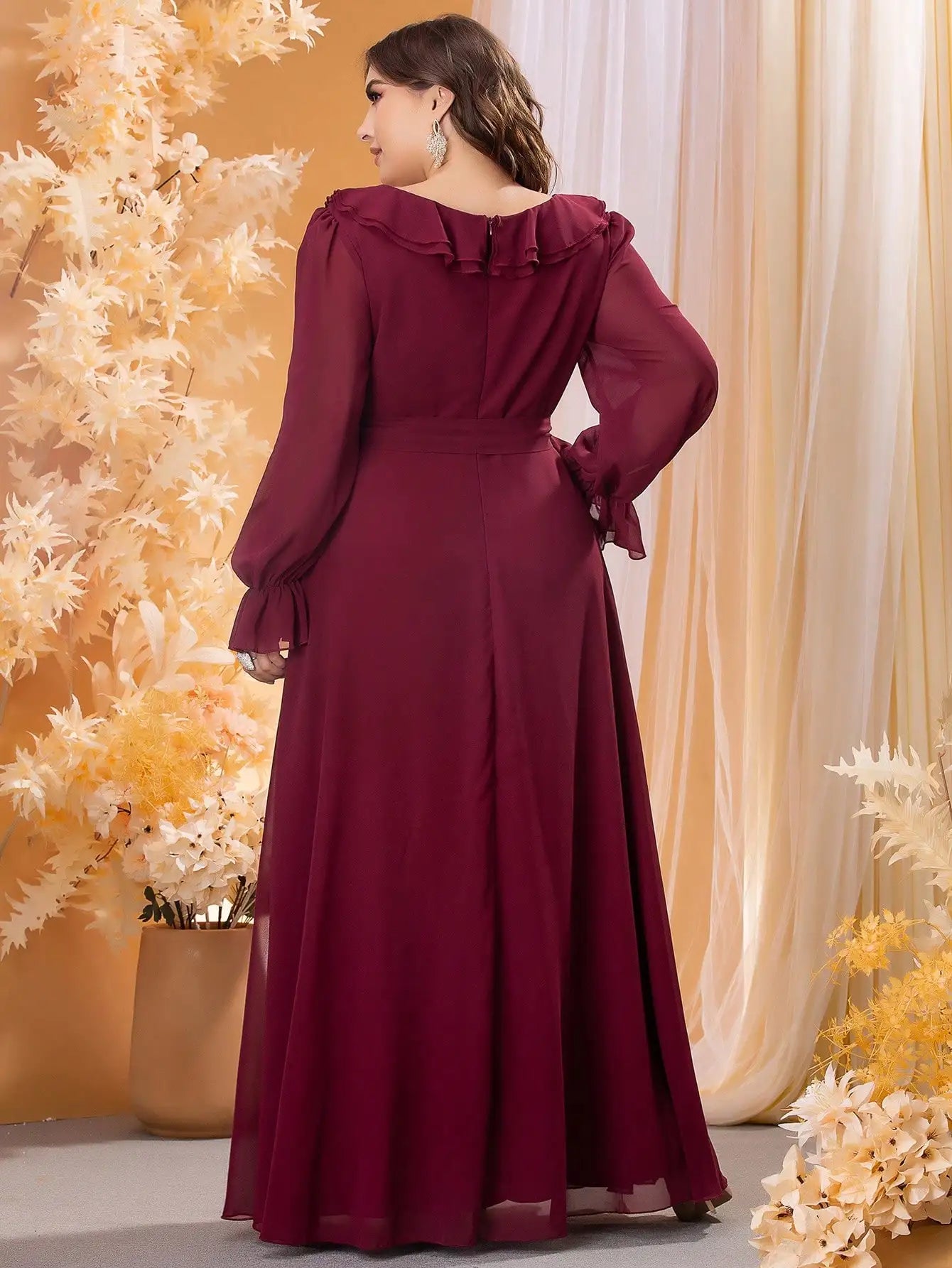 Mgiacy Plus-size V-neck ruffled long sleeve chiffon full skirt Evening ball dress Party dress