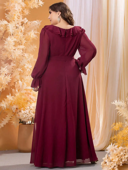 Mgiacy Plus-size V-neck ruffled long sleeve chiffon full skirt Evening ball dress Party dress