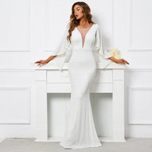 Yidingzs feminino vestido de lantejoulas branco longo vestido de baile com decote em v vestido de noite elegante festa maxi vestido