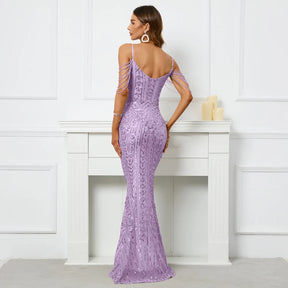 YIDINGZS-Sexy vestido feminino com decote em V, vestido longo de baile, vestido de lantejoulas, cinta, miolização, rosa, maxi, festa